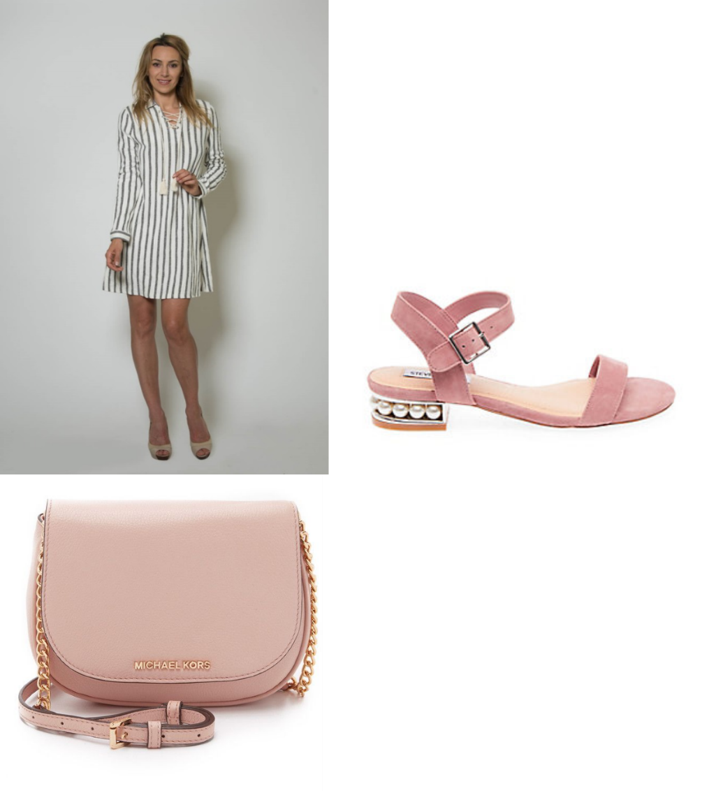 woman wearing a stripe long blouse., pink heels and pick bag