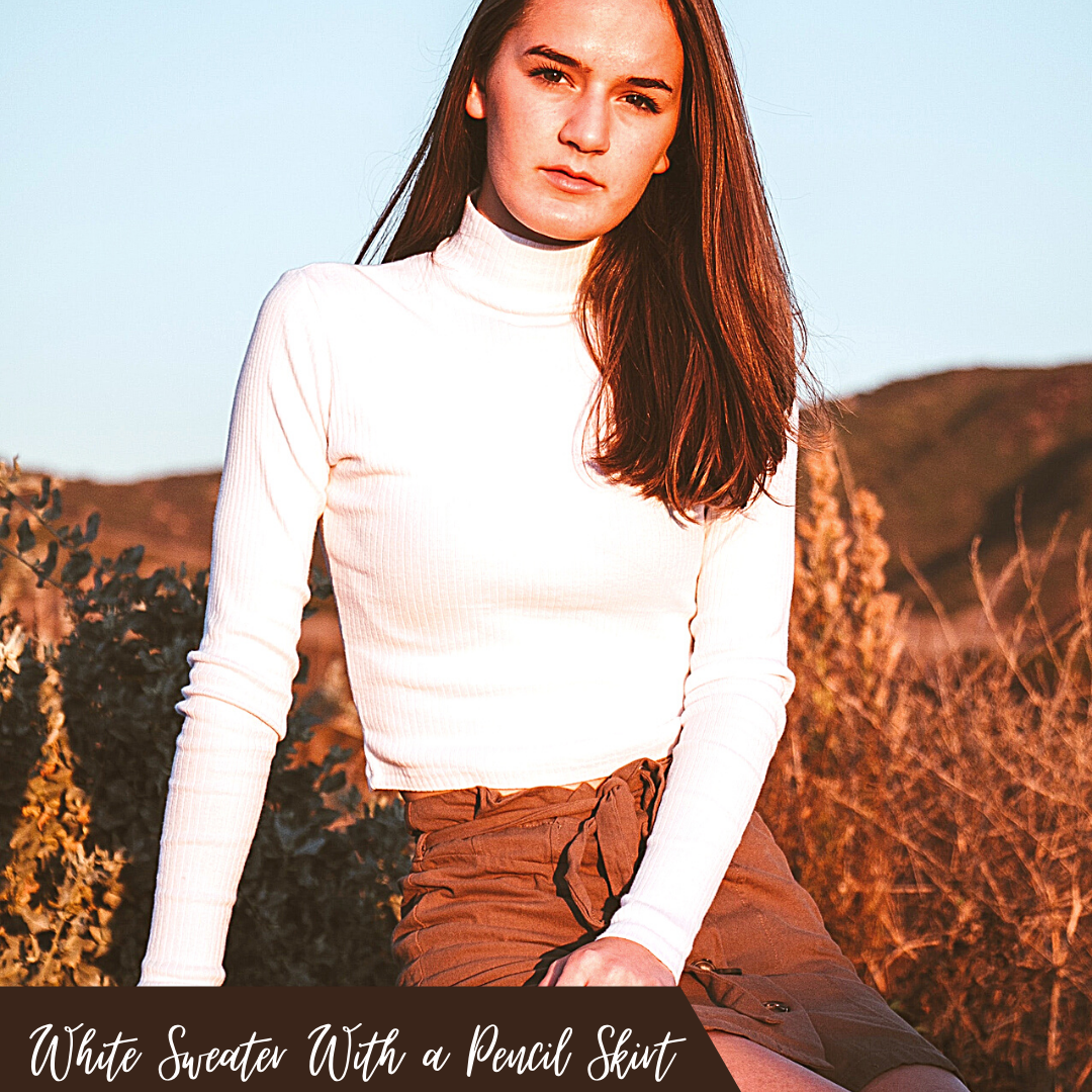 woman wearing a turtleneck sweater in white