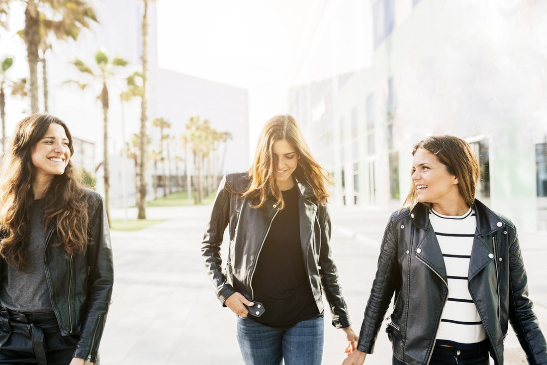 women in moto jacket