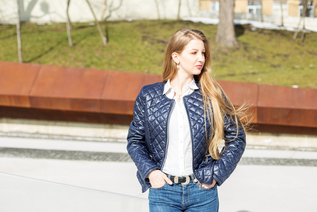 women in blue jacket