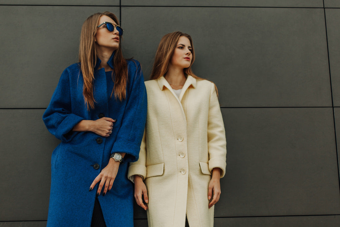 blue and beige women coat