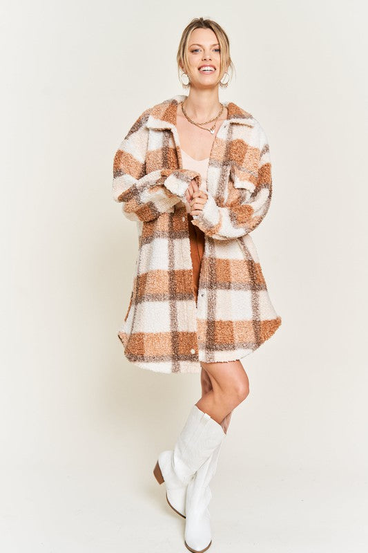 Fuzzy plaid teddy jacket