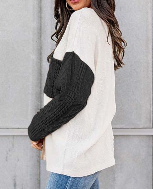 Cable knit color block round neck sweater