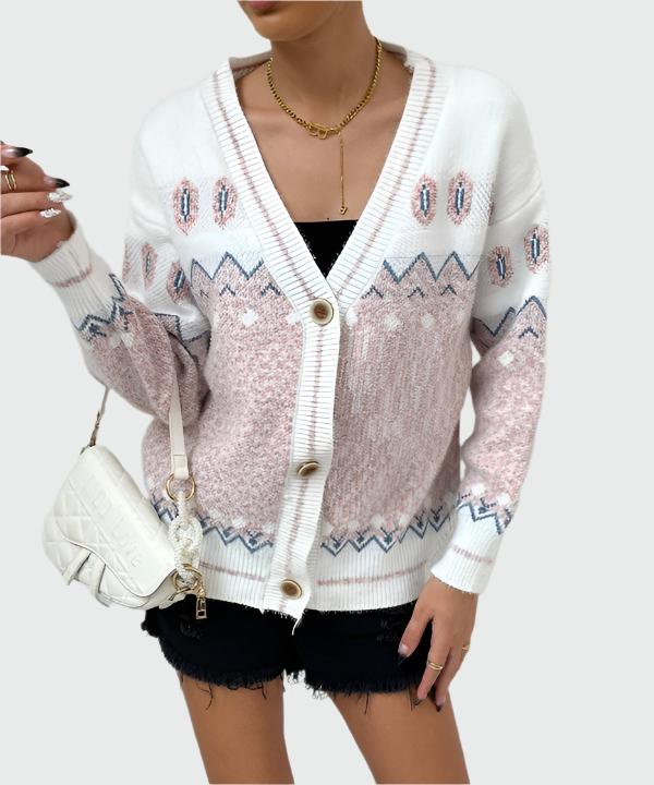 White and Pink Geo Pattern Botton Front Cardigan