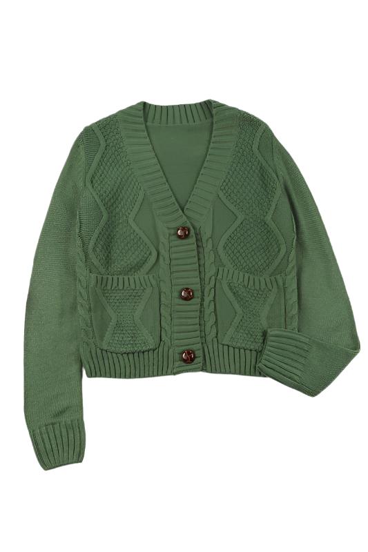 Green Pocket Button Cable Cropped Sweater Cardigan