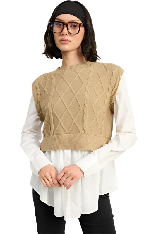 CABLE TWO FER SWEATER TOP