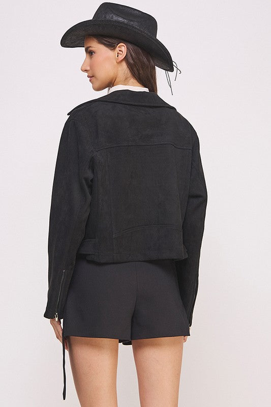 Plus Belted Long Sleeve Zippered Suede Moto Jacket