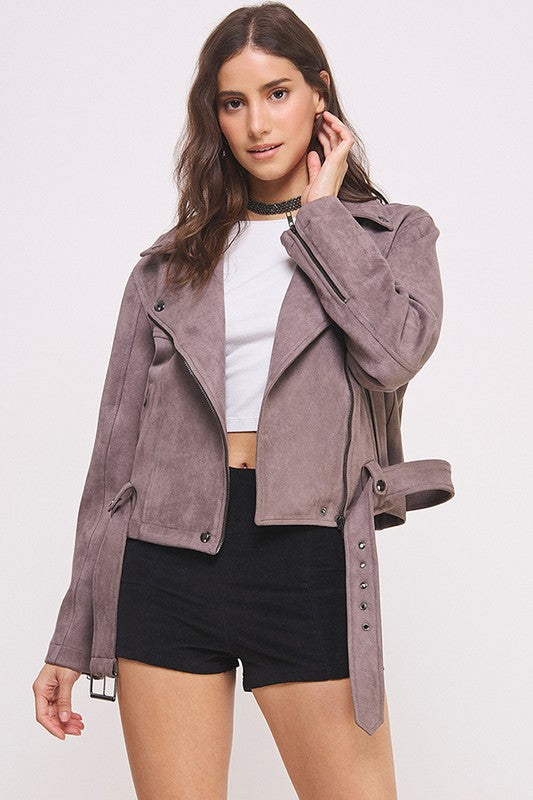 Plus Belted Long Sleeve Zippered Suede Moto Jacket