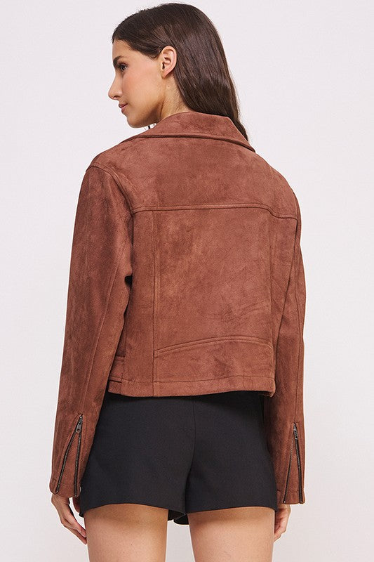 Plus Belted Long Sleeve Zippered Suede Moto Jacket