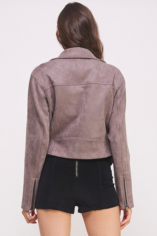 Plus Belted Long Sleeve Zippered Suede Moto Jacket