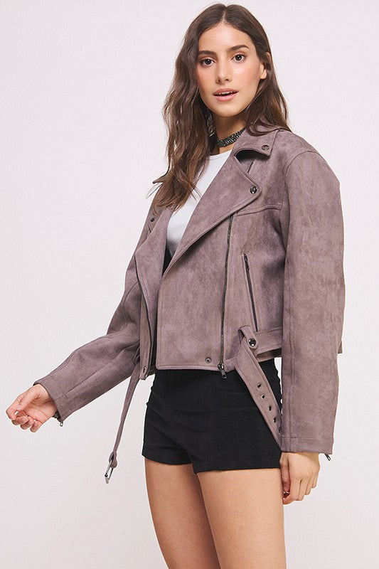 Plus Belted Long Sleeve Zippered Suede Moto Jacket