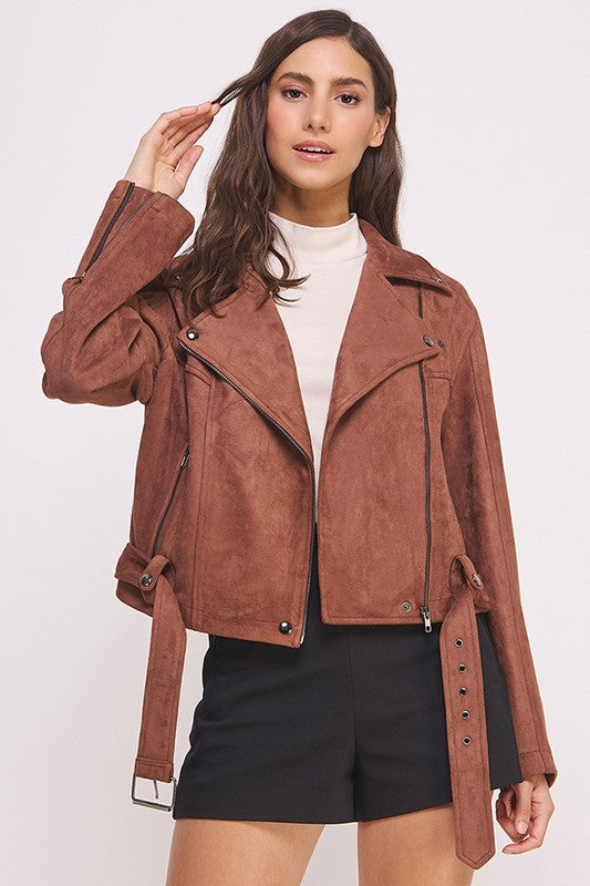 Plus Belted Long Sleeve Zippered Suede Moto Jacket