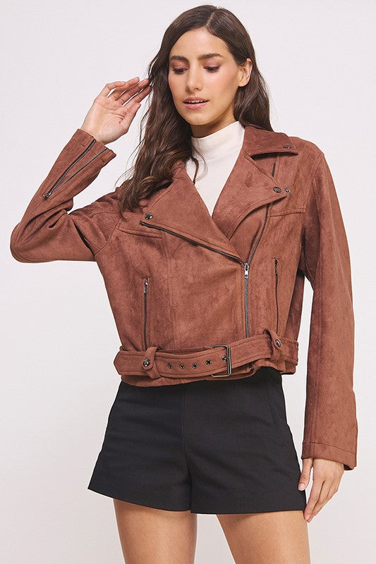 Plus Belted Long Sleeve Zippered Suede Moto Jacket