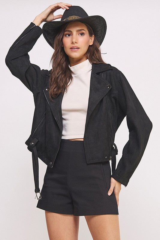 Plus Belted Long Sleeve Zippered Suede Moto Jacket