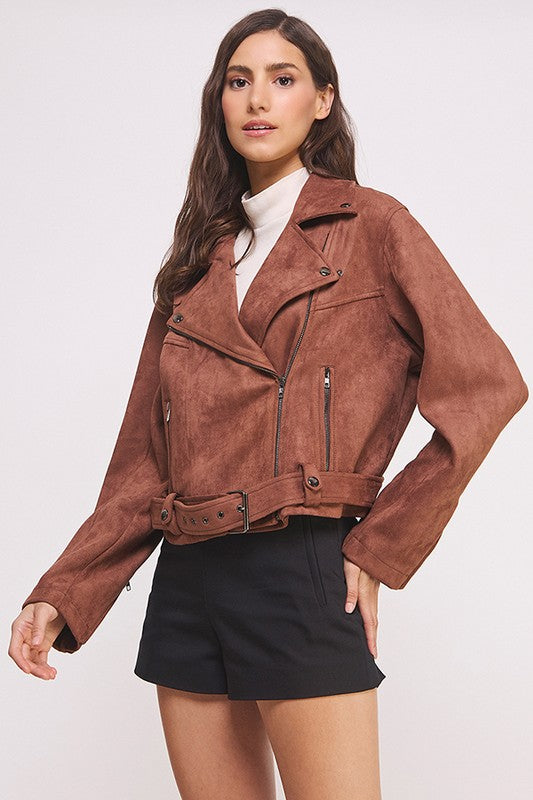 Plus Belted Long Sleeve Zippered Suede Moto Jacket