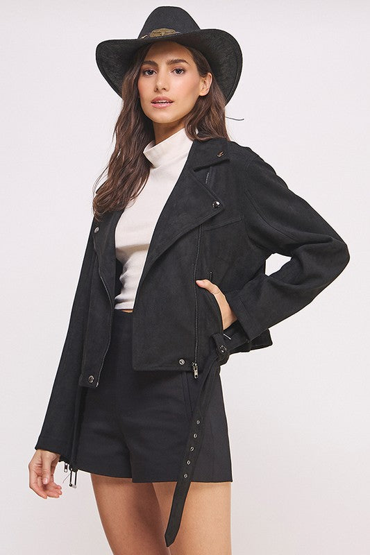 Plus Belted Long Sleeve Zippered Suede Moto Jacket