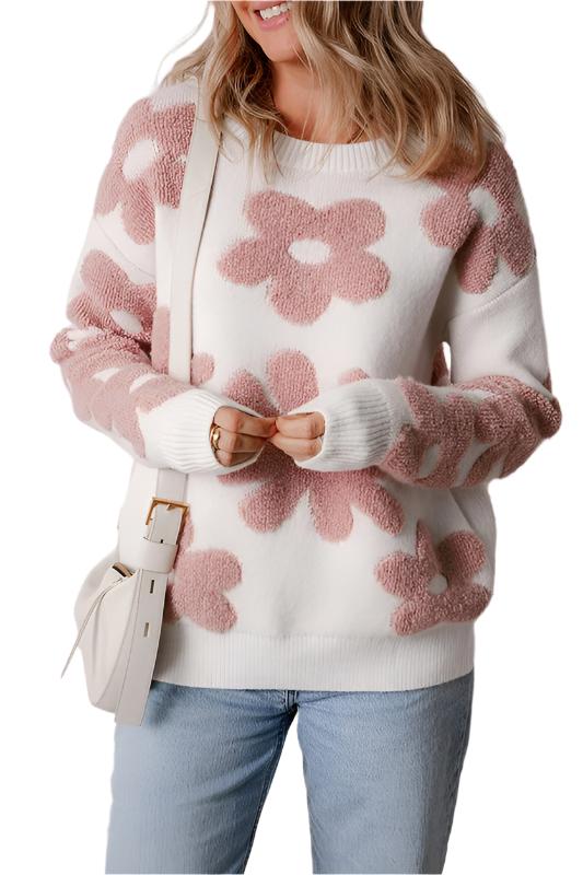 Women Flower Drop Shoulder Loose Sweater