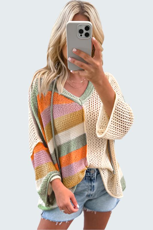 Women Oversized Colorblock V Neck Hooded Sweater