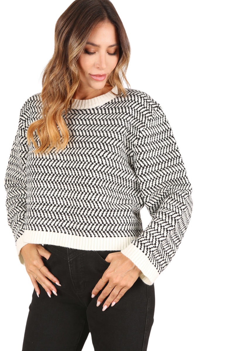 Herringbone Pattern Crew Neck Sweater