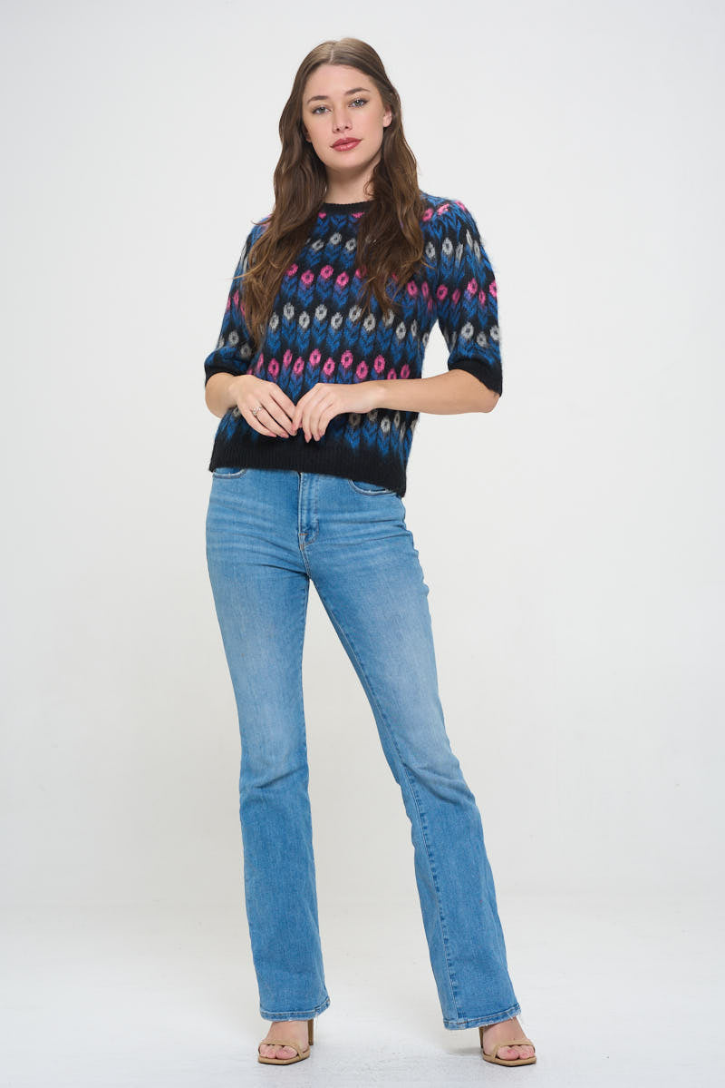 Floral Deco Knit Puff Sleeve Top