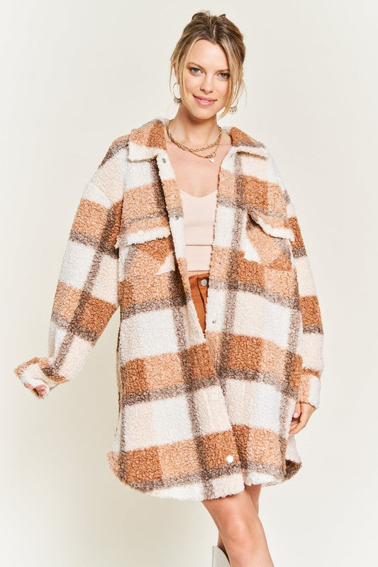 Fuzzy plaid teddy jacket