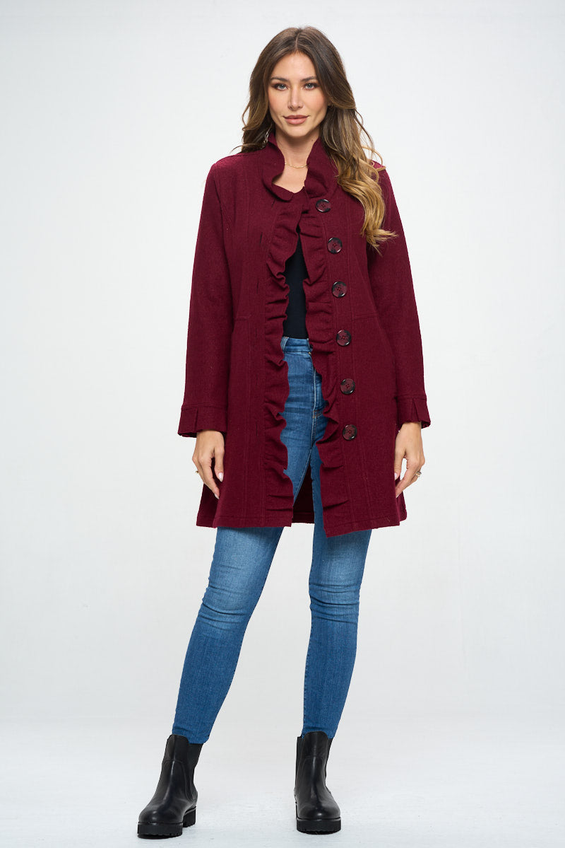 AIJ-245 BURGUNDY LARGE BUTTON RUFFLE WOOL BLEND JACKET