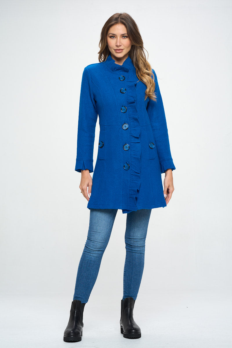 AIJ-245 BLUE LARGE BUTTON RUFFLE WOOL BLEND JACKET