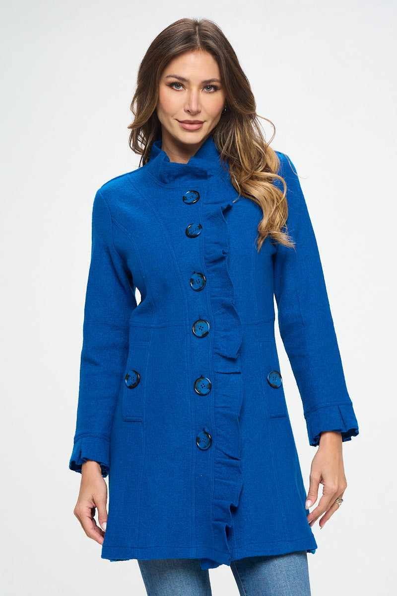 AIJ-245 BLUE LARGE BUTTON RUFFLE WOOL BLEND JACKET