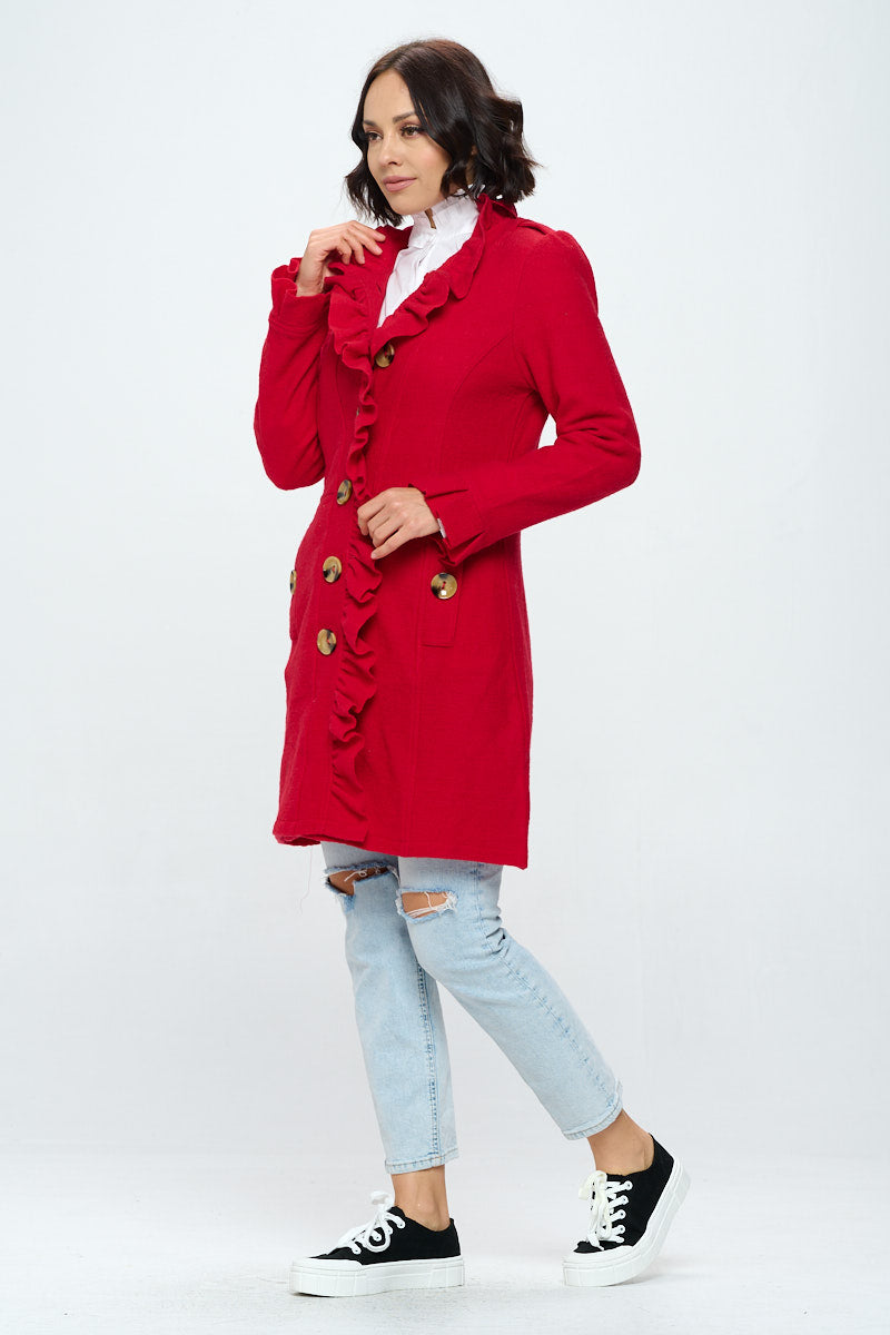 AIJ-245 RED LARGE BUTTON RUFFLE WOOL BLEND JACKET