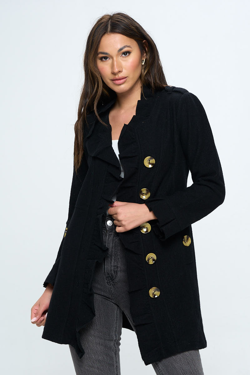 AIJ-245 BLACK LARGE BUTTON RUFFLE JACKET