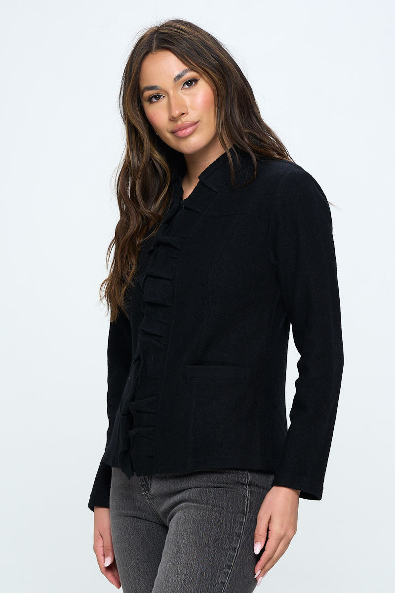 AIJ-315 BLACK RUFFLE ZIP UP JACKET