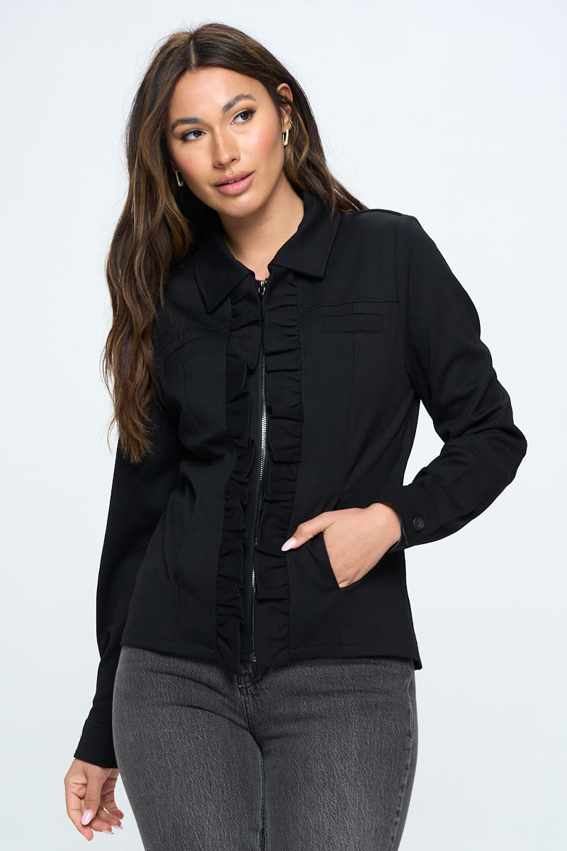 AIJ-315 BLACK RUFFLE ZIP UP JACKET