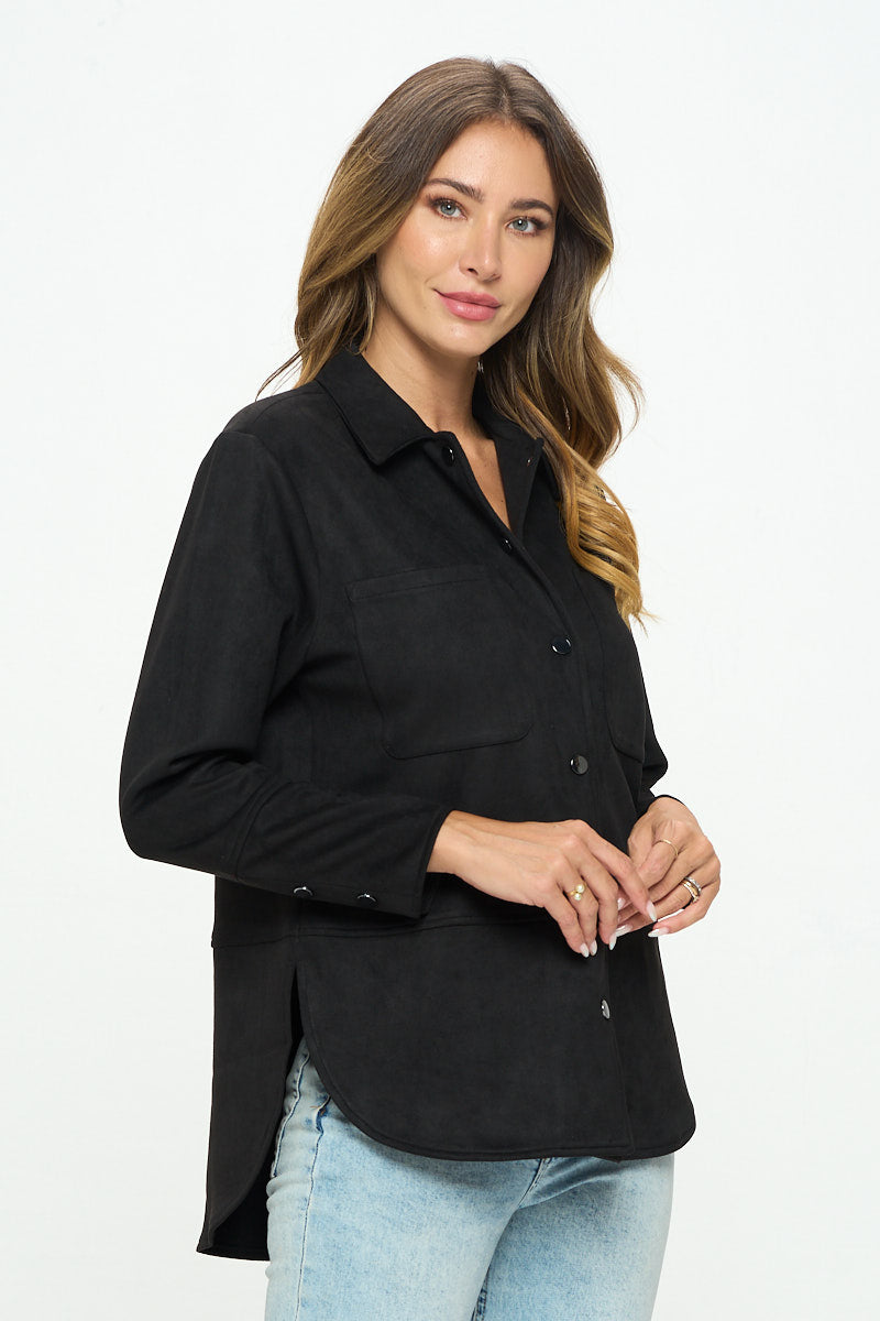 AIJ-610 BLACK FAUX SUEDE BUTTON COLLAR TOP