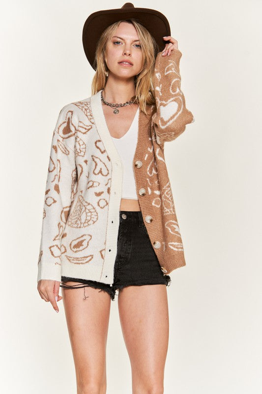 Heart paisley Color block cardigan