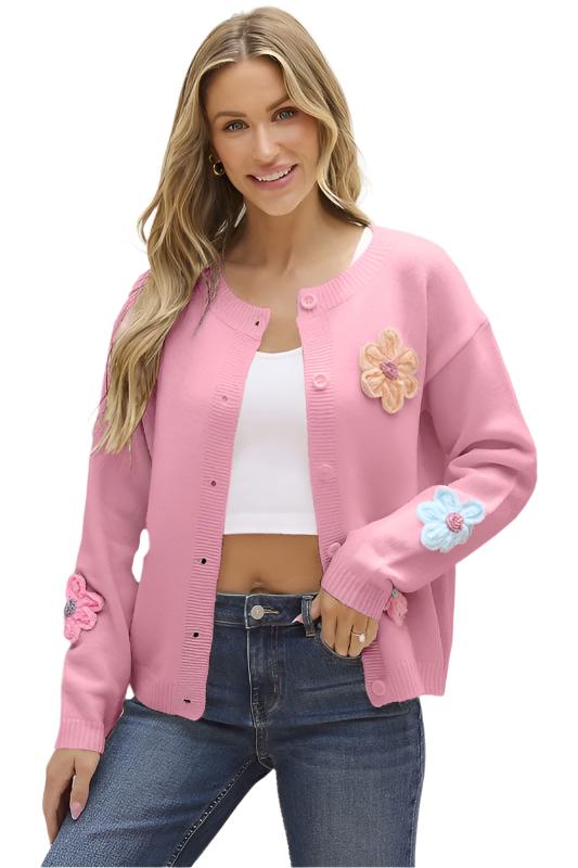 Knitted Floral Pattern Button Up Cardigan