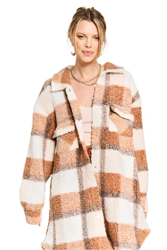 Fuzzy plaid teddy jacket