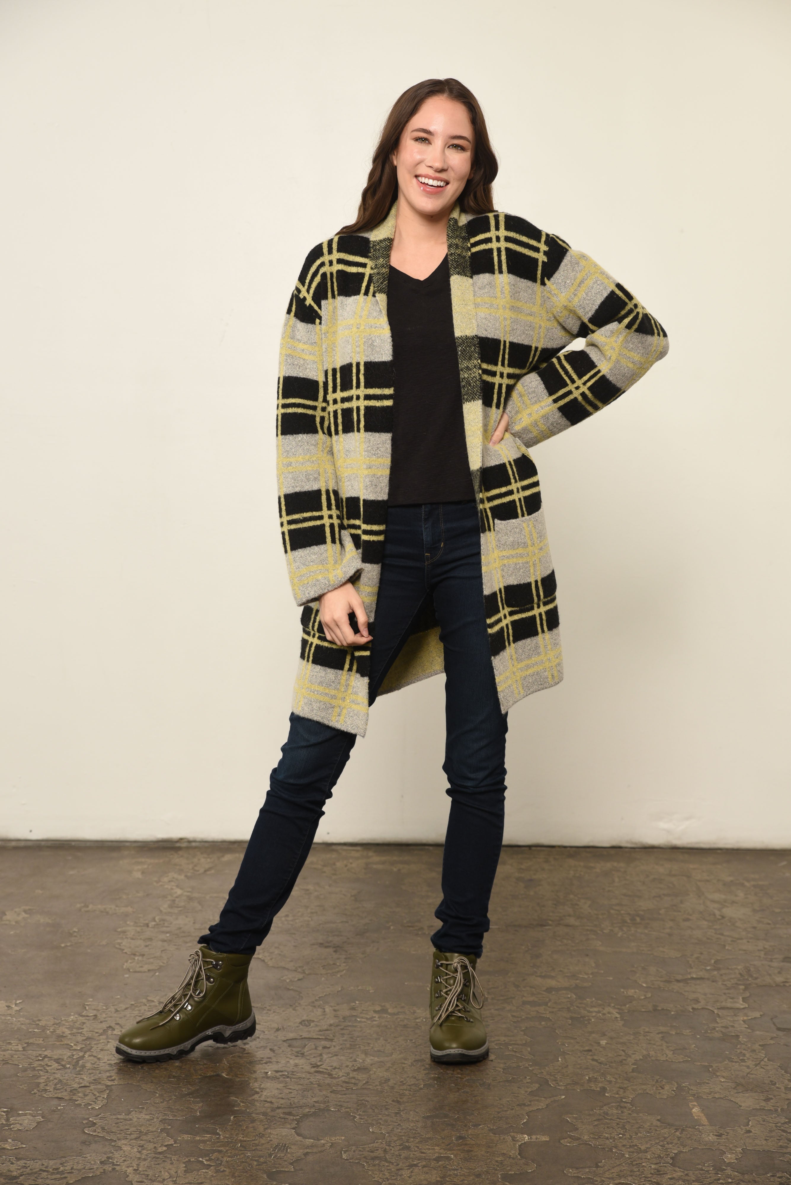 Plaid Print Open Front Jacket in Yellow Plaid