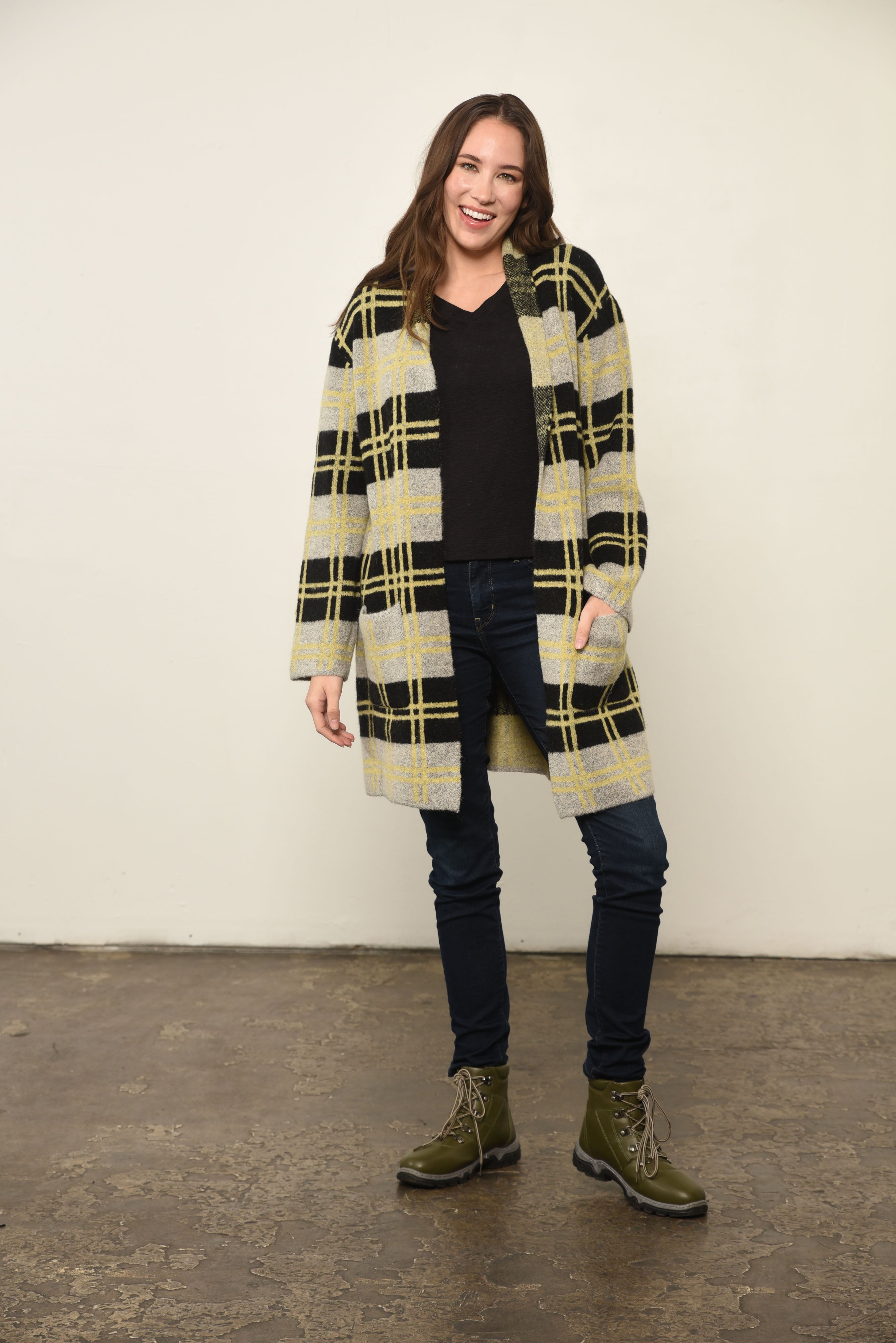 Plaid Print Open Front Jacket in Yellow Plaid