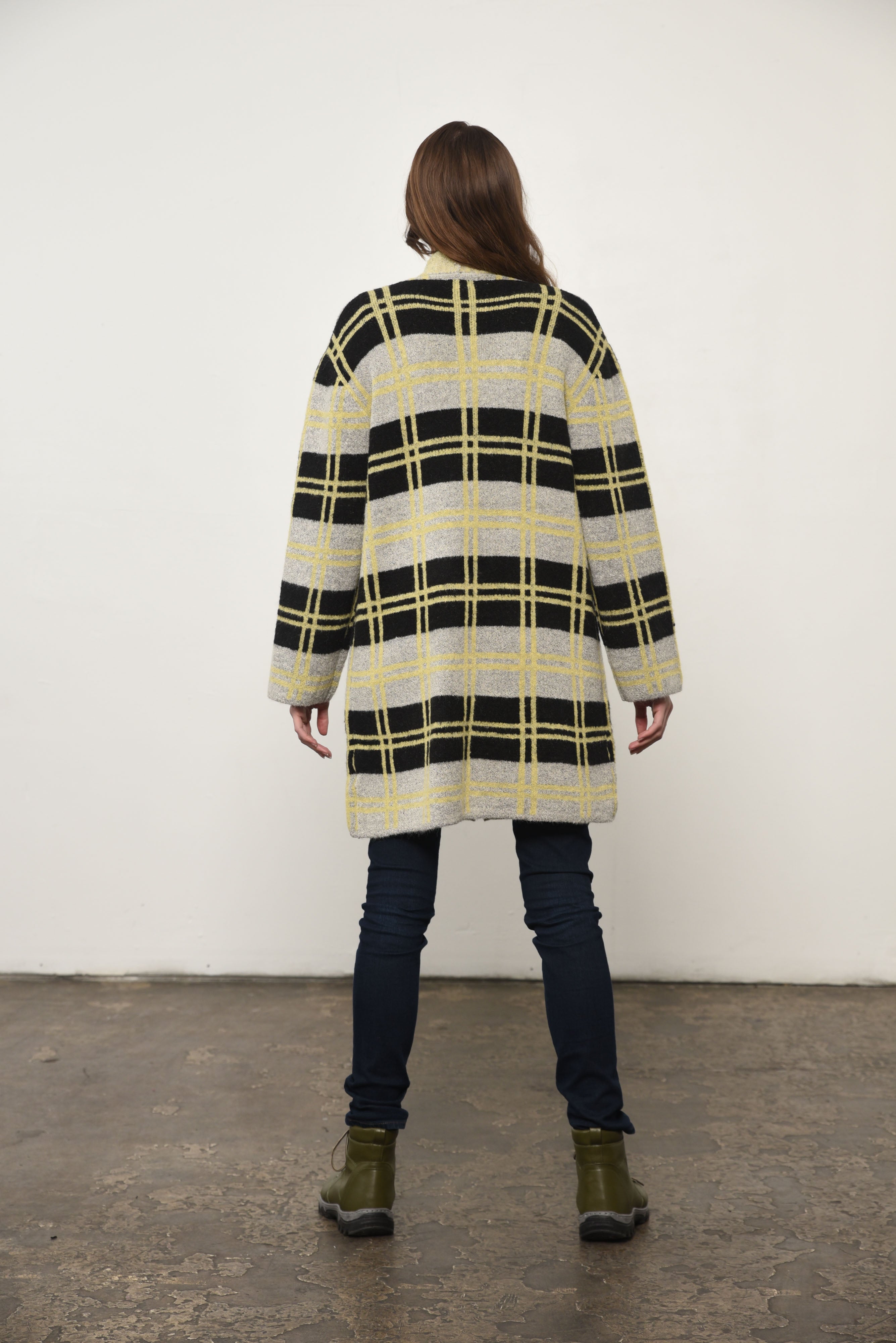 Plaid Print Open Front Jacket in Yellow Plaid