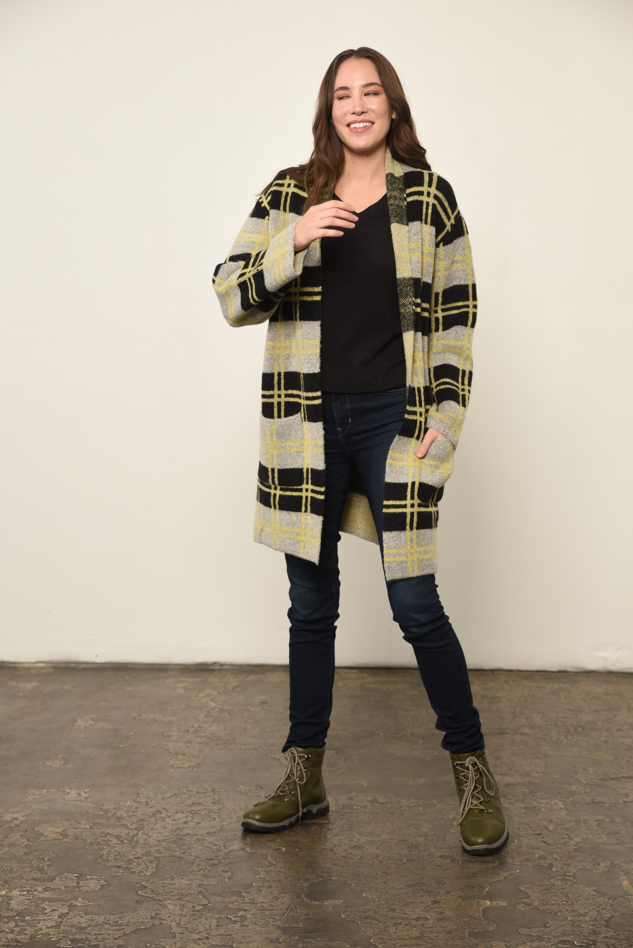 Plaid Print Open Front Jacket in Yellow Plaid