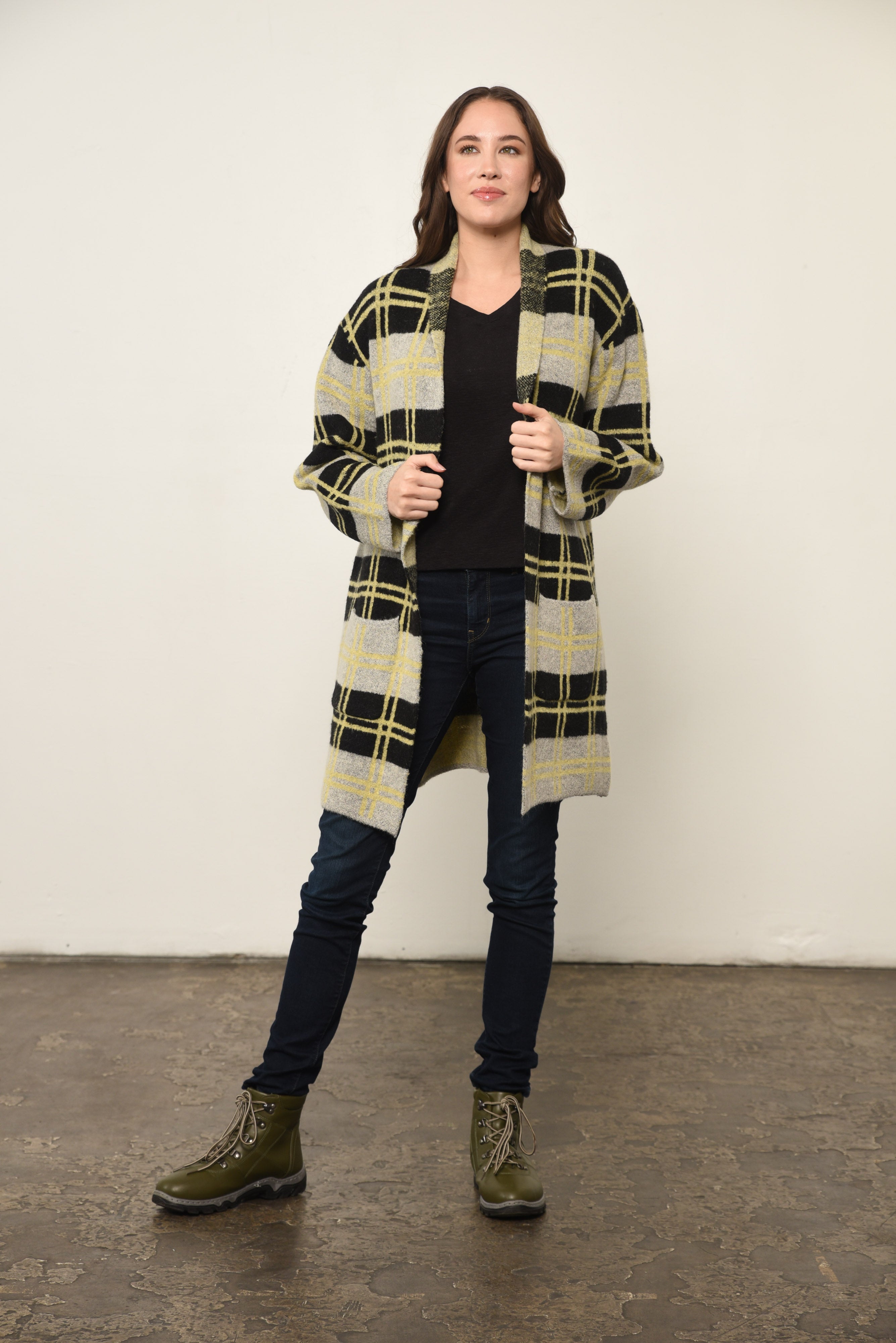 Plaid Print Open Front Jacket in Yellow Plaid