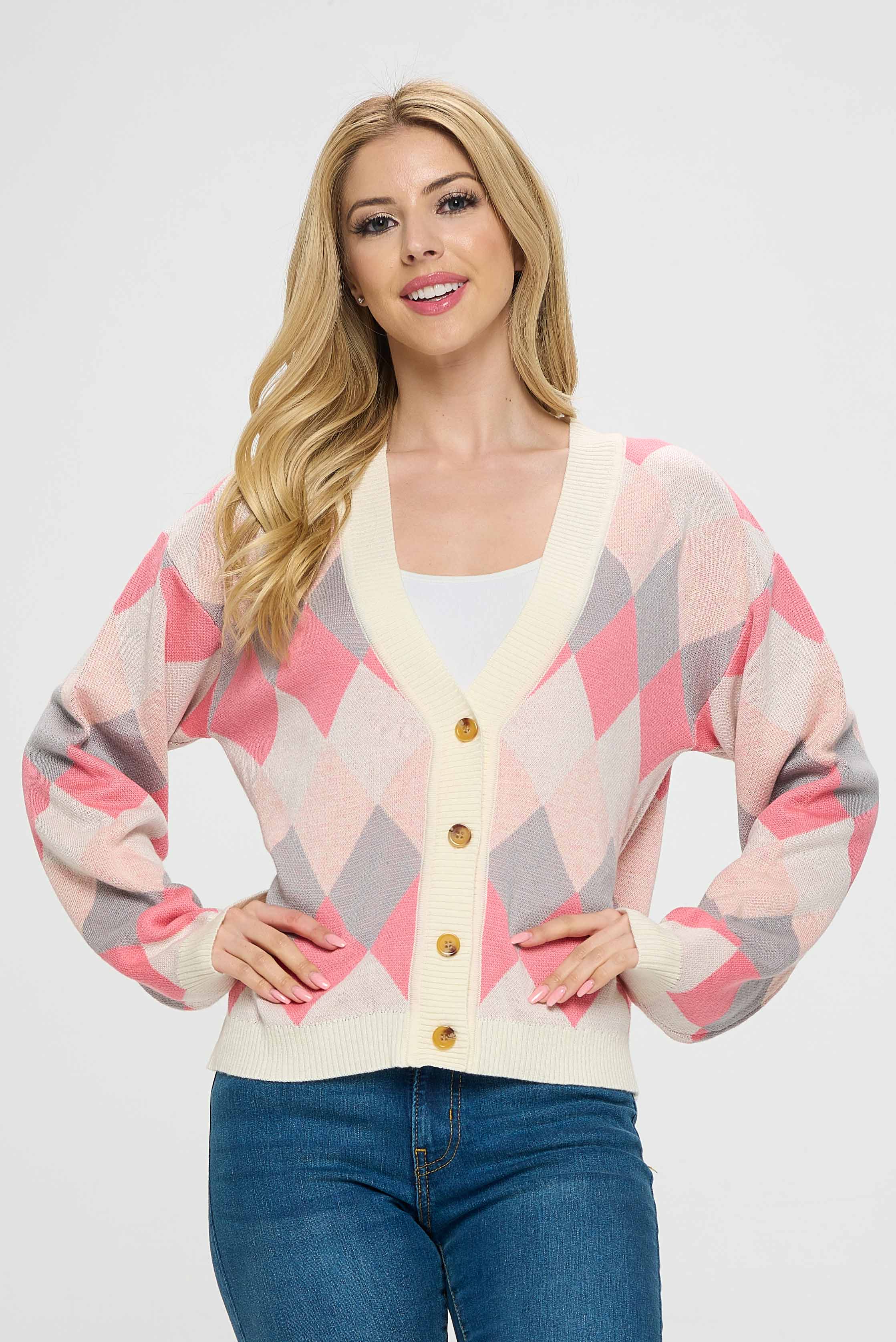 This pink diamond pattern cardigan is perfect for adding a touch of color and pattern to your casual wardrobe. The cardigan features a deep V-neckline that adds a feminine touch to the overall design. 