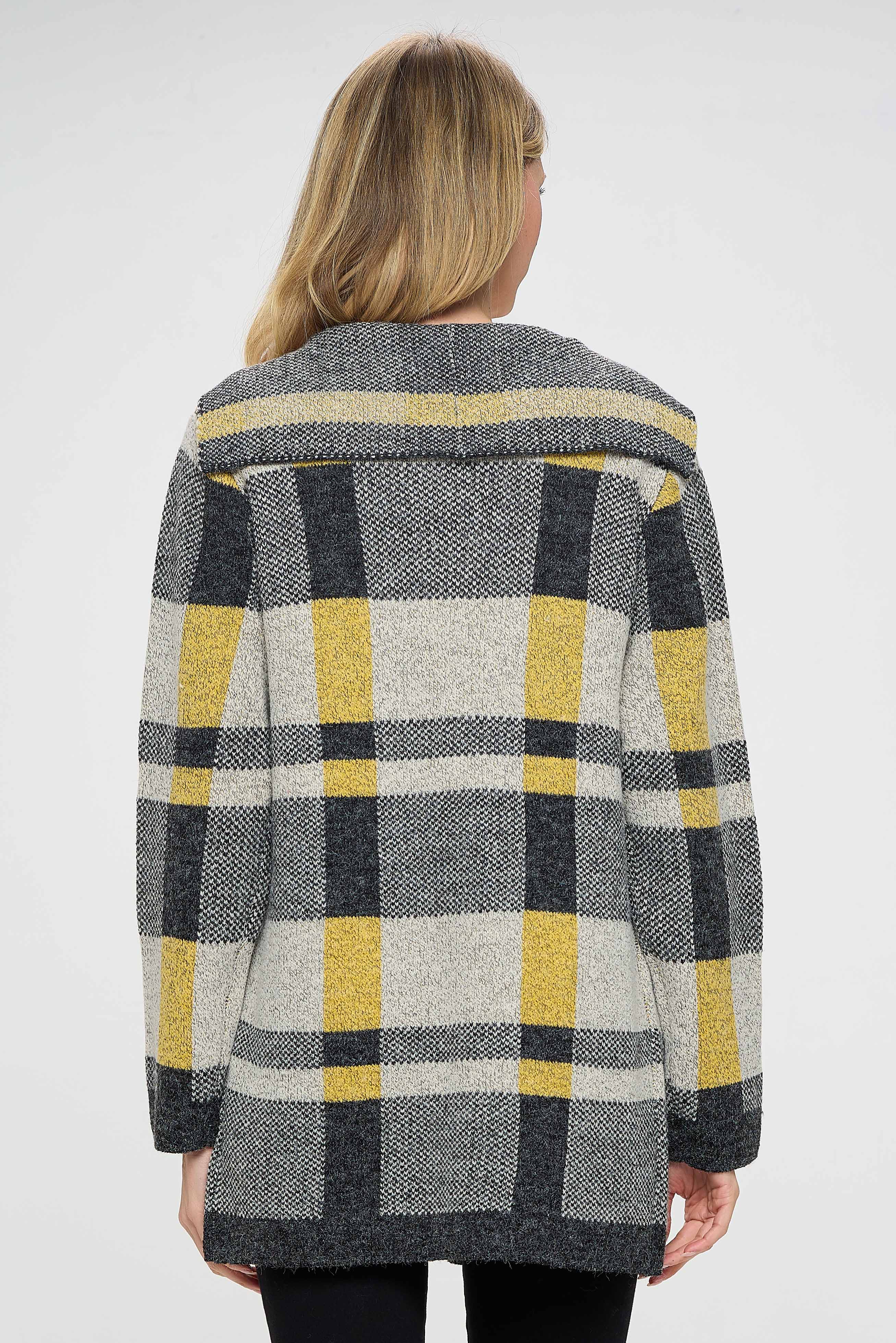 This versatile design element makes the pullover perfect for a variety of occasions. Overall, a stylish pullover with gray, yellow, and black shades and a plaid pattern, with a slim fit and relaxed fit, and pockets in the front and big collars, is a unique and fashionable piece of clothing that can be dressed up or down depending on the occasion. 