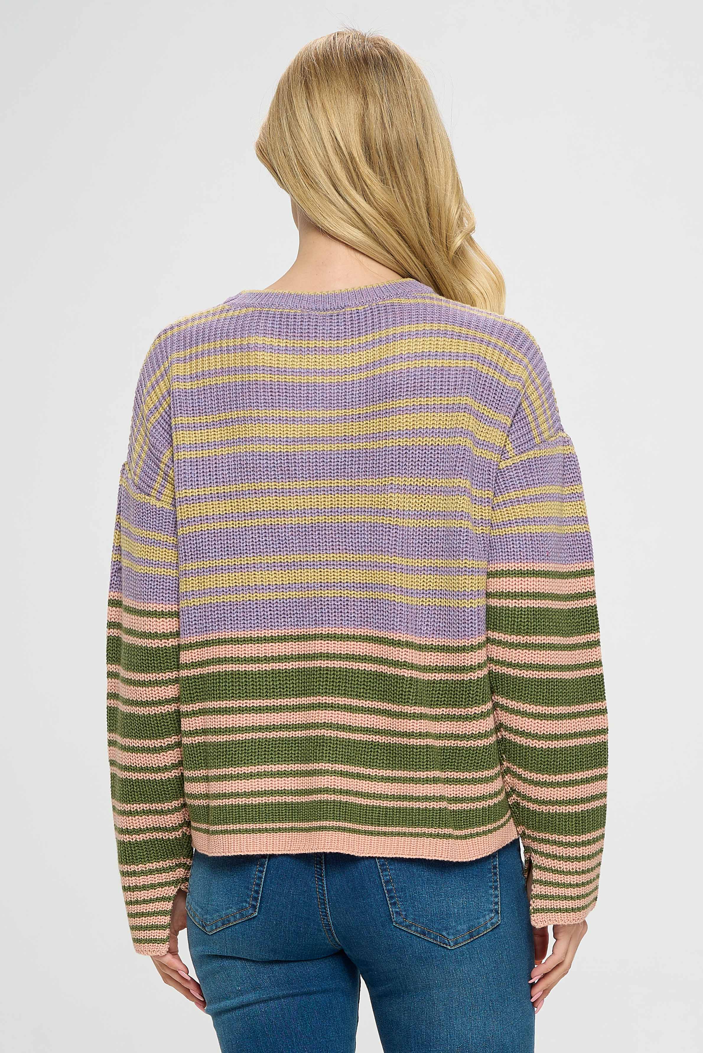 The round neck of the sweater provides a classic and feminine detail that can be paired with a variety of different necklaces or scarves. The multicolored striped pattern adds a unique and stylish touch to the garment, making it a statement piece that is sure to turn heads.