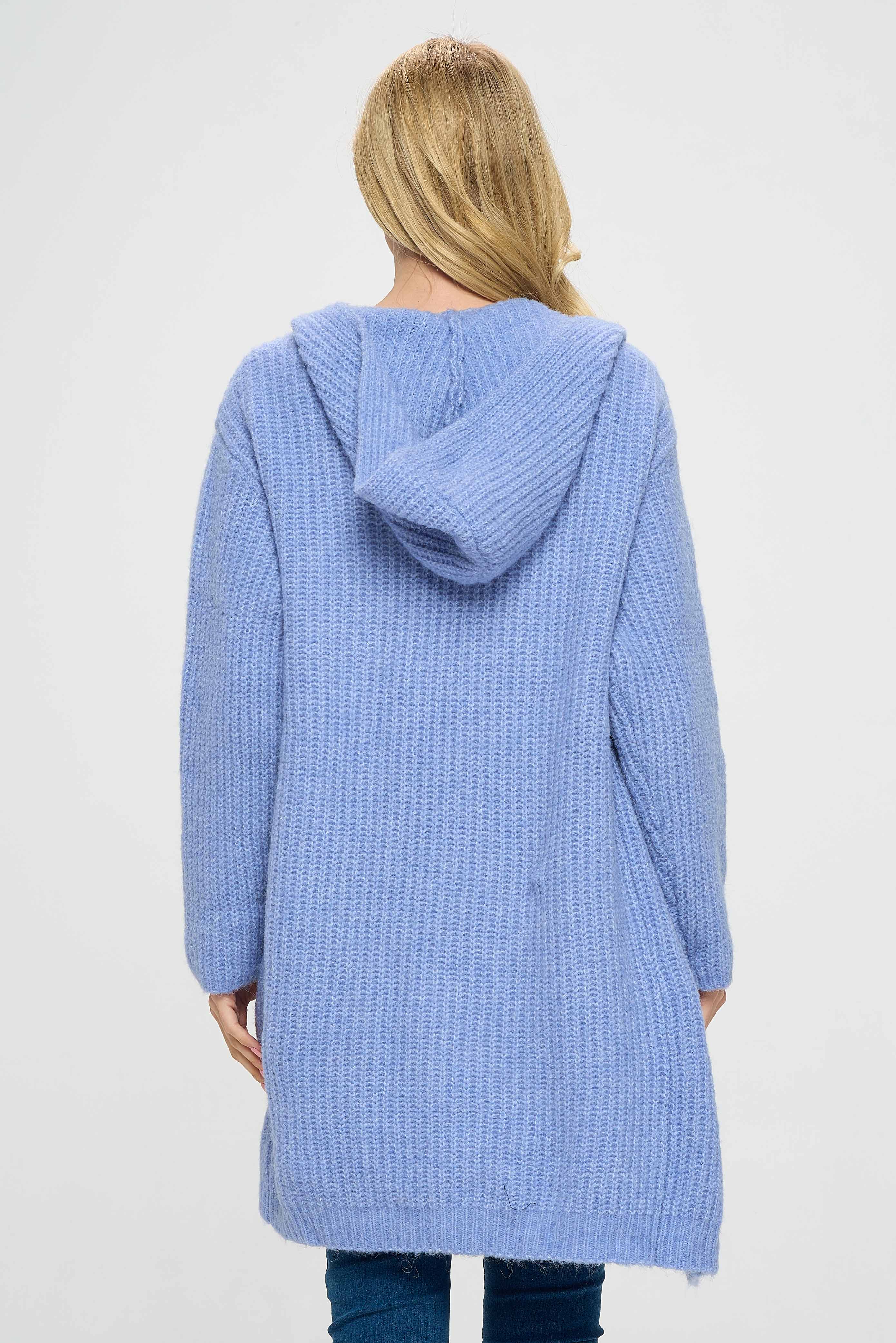 The hoodie is also long in length, which provides additional coverage and warmth. Overall, this blue hoodie is a great choice for anyone looking for a unique and stylish alternative to traditional hoodies. The shrug design and front open style create a trendy and fashionable look that is perfect for casual occasions.