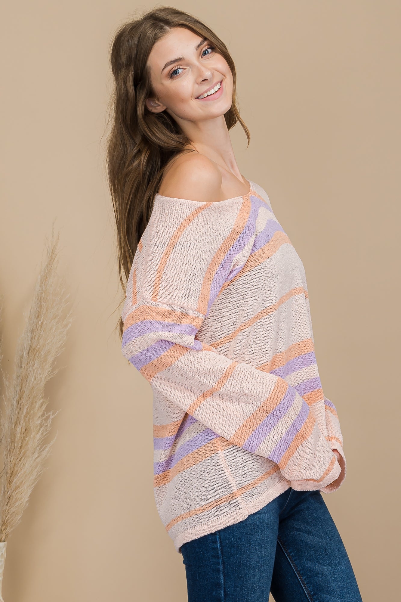 Tropical Pink Sunset Stripe Multi Color Pullover Knit Sweater