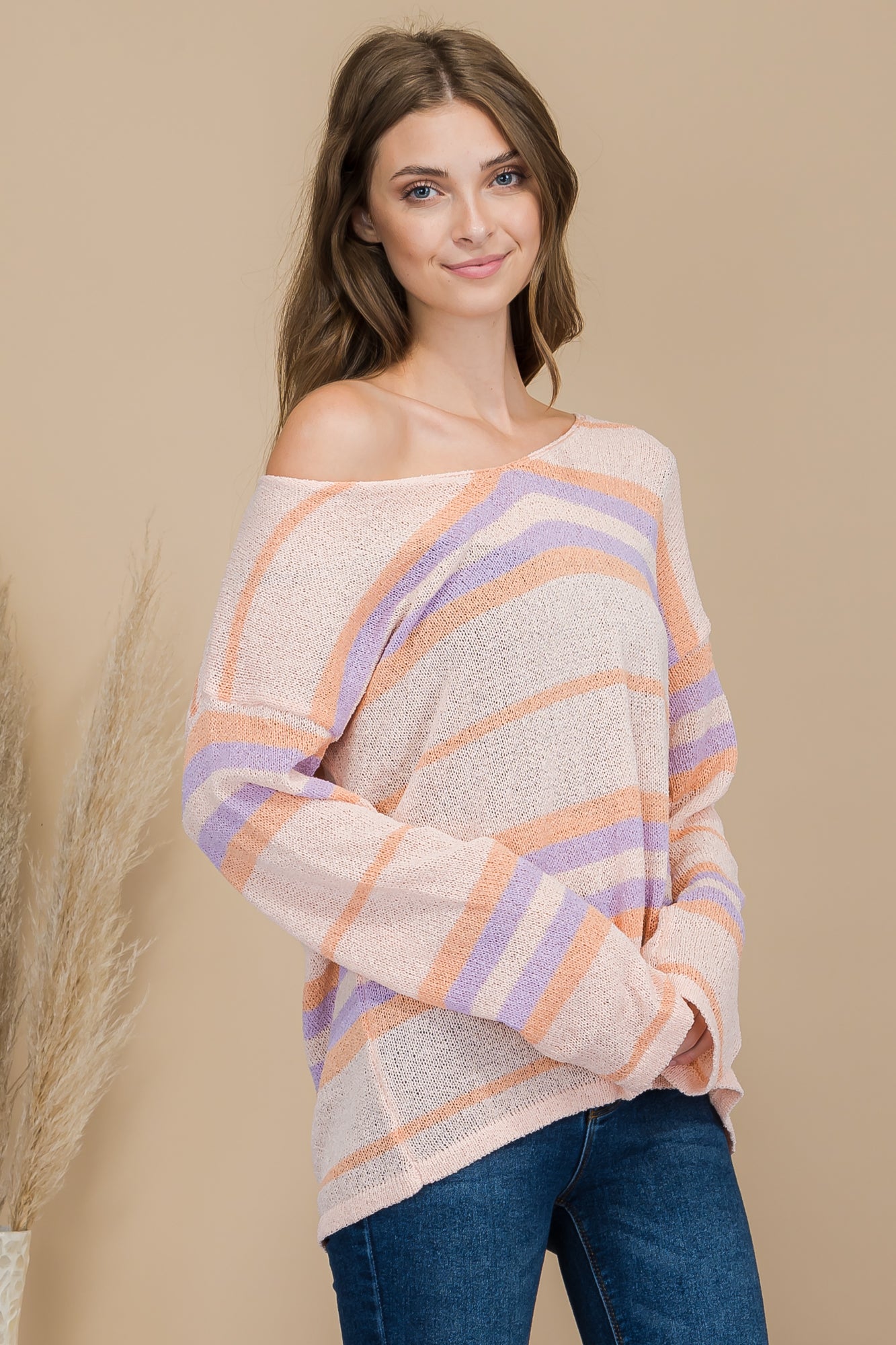 Tropical Pink Sunset Stripe Multi Color Pullover Knit Sweater