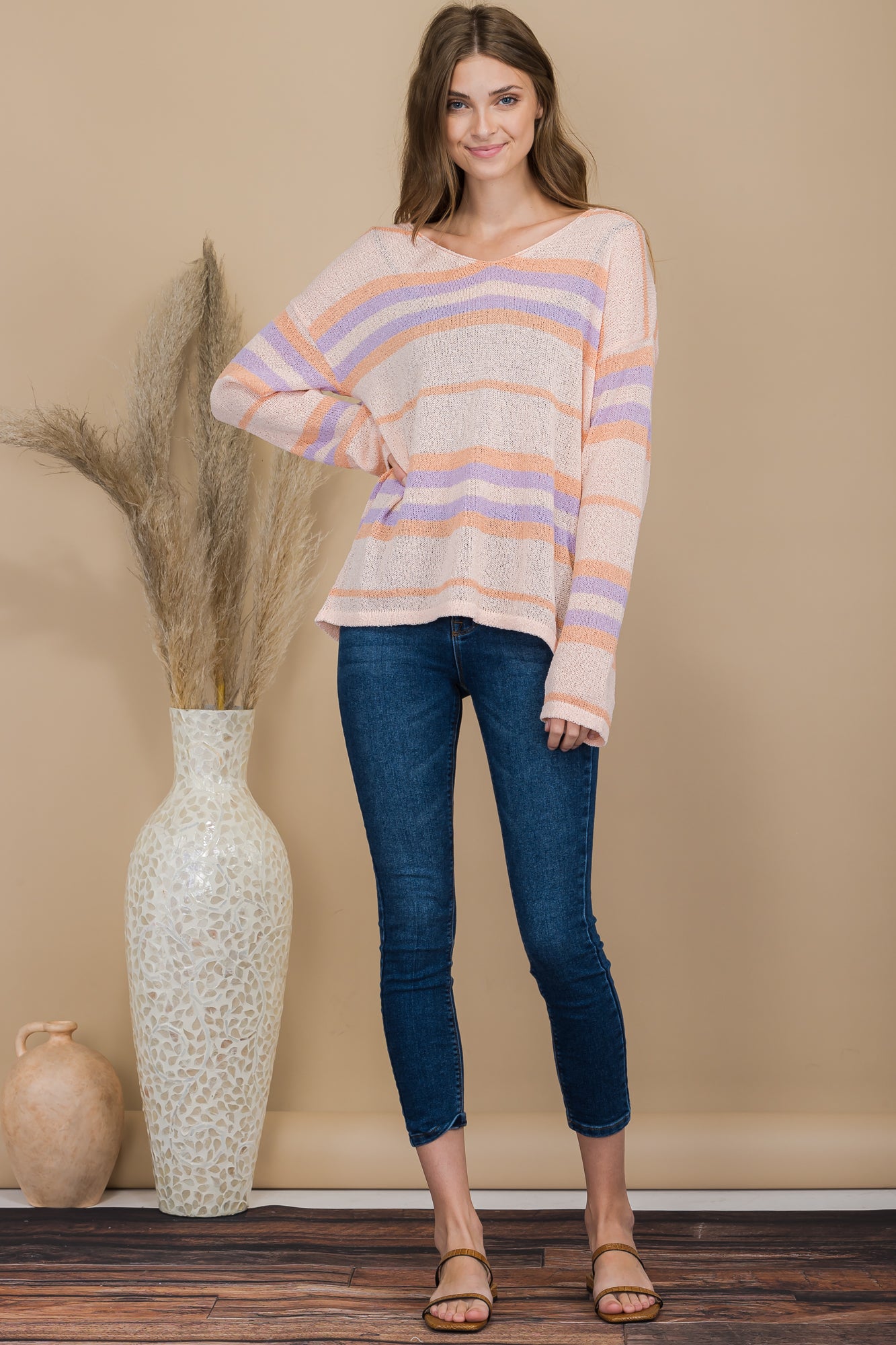 Tropical Pink Sunset Stripe Multi Color Pullover Knit Sweater